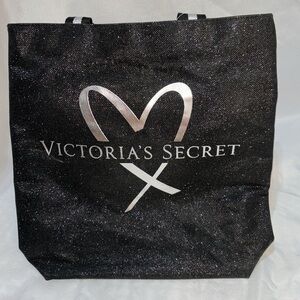 Victoria’s Secret Black Shimmer Silver Heart Logo Tote Bag